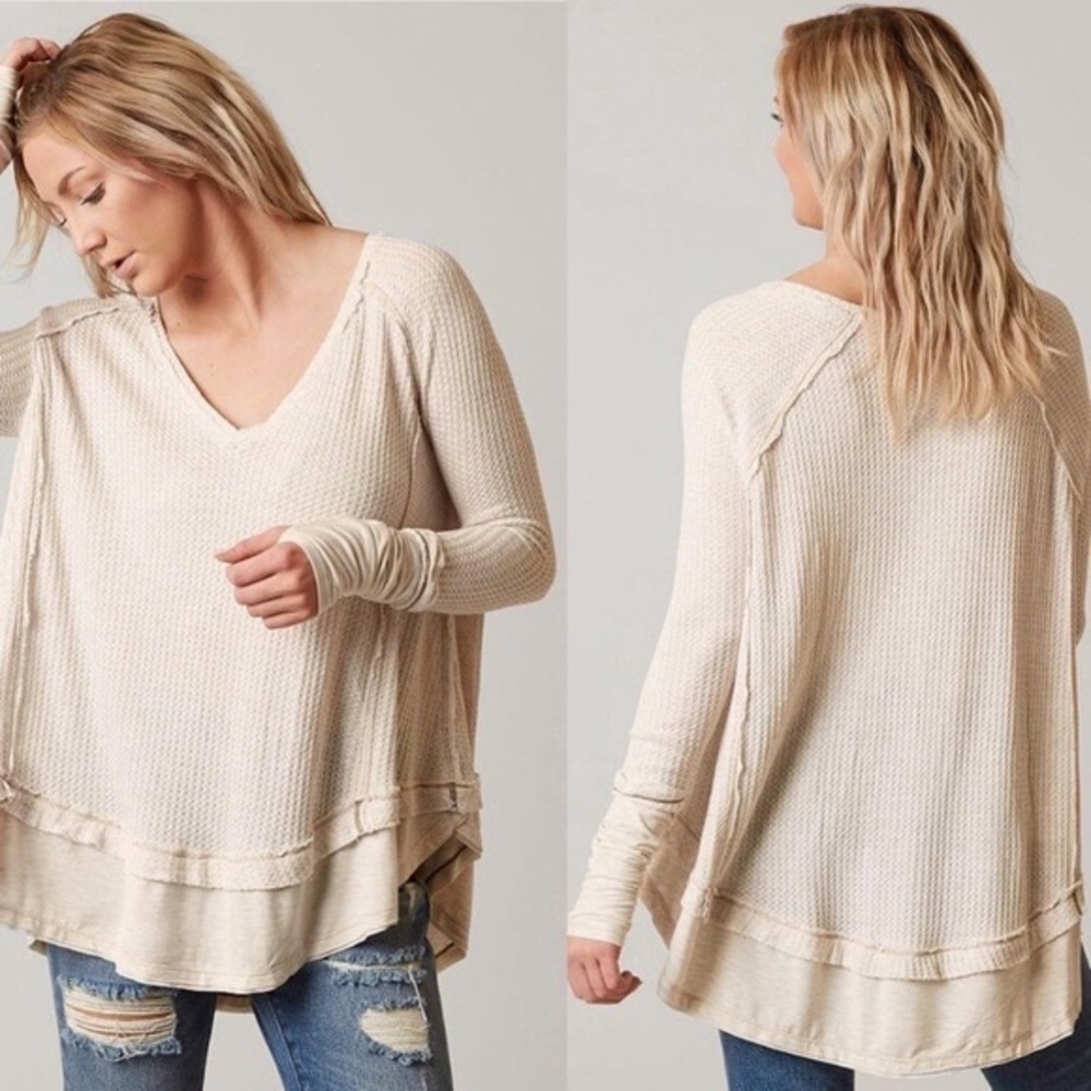 FREE PEOPLE Beige Laguna Thermal Waffle Long Sleeve Top